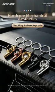 Detailed view of five zinc alloy turbocharger keychains in various metallic finishes