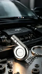 Detail view of a chrome turbocharger keychain with custom logo engraving space