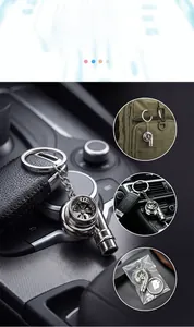 Detailed views of a metallic turbocharger keychain in various car-related scenarios.