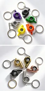 Detailed view of colorful and metallic finish turbocharger-shaped keychains set