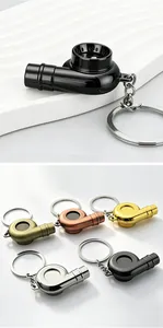 Close-up detail view of turbocharger shaped metallic keychains in various colors