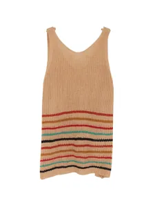 Close-up detail of women's knitted sleeveless tank top with striped pattern
