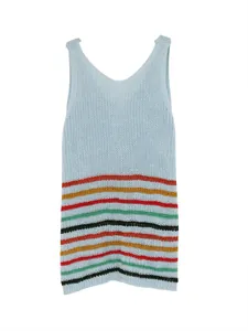 Detailed close-up of lightweight light blue knitted tank top with colorful stripes