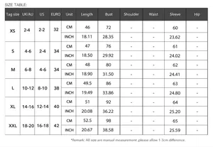 Detailed size chart for Y2K sexy slim fit knit long sleeve T-shirt with measurements.