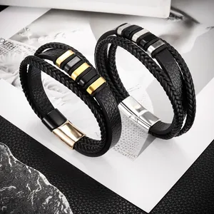 Men Multilayer Braided PU Leather Bracelet Alloy Magnetic Buckle Hand Woven Trendy Vintage Style Jewelry