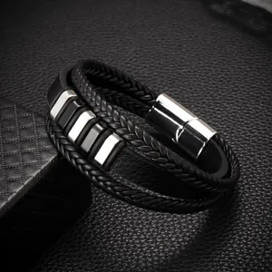 Handcrafted multi-layer woven black leather bracelet for men with secure magnetic clasp