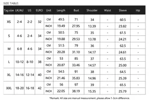 Comprehensive size guide chart for the Y2K slim fit solid long sleeve top garment