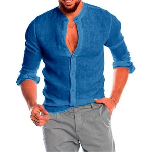 Detail view of stylish blue long sleeve linen shirt for men with stand collar design
