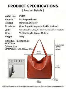 Sac cabas vintage en cuir PU ciré à grande capacité avec poche avant et dimensions.