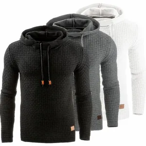 Men's Waffle Jacquard Knit Hoodie Casual Long Sleeve Slim Fit Pullover Sweatshirt With Leather Patch Autumn Winter Warm Top