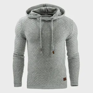 Men's grey textured long sleeve hooded sweatshirt with jacquard pattern and drawstring