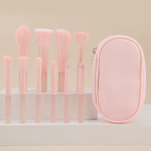Portable Makeup Brushes With Storage Bag Pink Synthetic Fiber Soft Bristles Transparent Frosted Handle Travel Beauty Tools