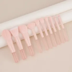 Close-up of a ten-piece pink makeup brush set with soft bristles and frosted handles.