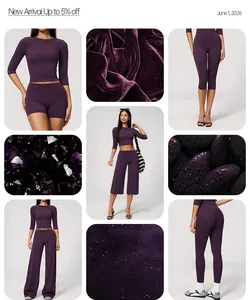 Collage di leggings da yoga viola a vita alta e set di crop top sportivi professionali