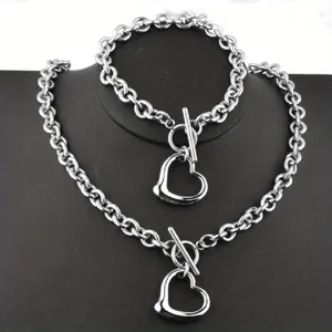 Silver hollow heart necklace and bracelet set with chunky chain and OT toggle buckle.