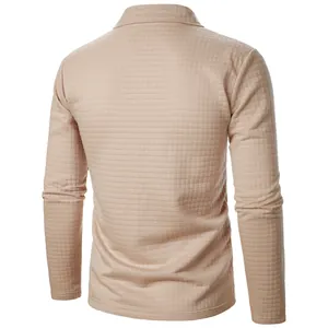 Back view detail of men's beige waffle texture long sleeve casual polo jacket