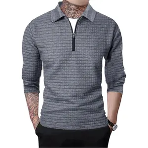 Men's grey waffle knit half-zip pullover jacket with casual lapel collar and long sleeves