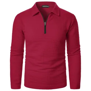 Detailed view of red waffle knit half-zip men's long sleeve shirt with classic collar