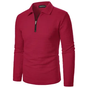Detailed view of wine red waffle knit men's long sleeve shirt with half-zip collar