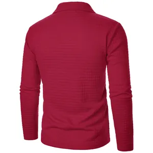 Detailed back view of a red waffle knit men's half-zip jacket with long sleeves