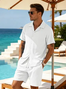 Men's casual white ribbed short sleeve shirt and shorts set for summer beach holiday