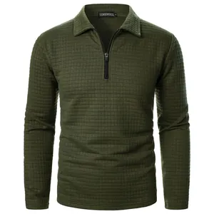 Macro view of olive green waffle knit texture on men's casual half-zip jacket