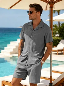 Close-up detail of the men's grey ribbed short-sleeved vacation loungewear set