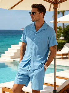 Men's light blue ribbed short sleeve shirt and shorts set for summer beach holiday