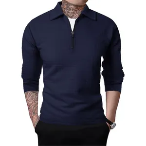 Men's navy waffle knit long sleeve half-zip polo shirt with collar on white background