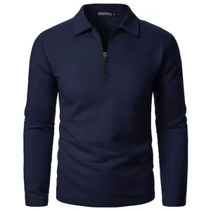 Detailed view of men's navy waffle knit shirt with half-zip and polo collar