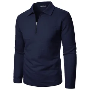 Men's navy blue waffle knit half-zip pullover shirt with classic lapel collar design