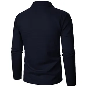 Back view of men's navy waffle knit long-sleeve jacket with a textured grid pattern
