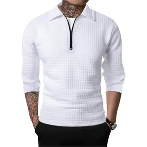 Men's waffle knit long sleeve half-zip polo shirt in white casual style