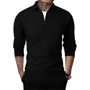 Detailed view of men's black waffle knit half-zip long sleeve pullover with a lapel