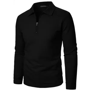 Detailed view of men's black waffle knit jacket with half-zipper and polo collar