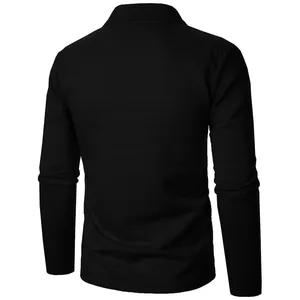 Back view of a men's black waffle knit long sleeve casual jacket with polo collar