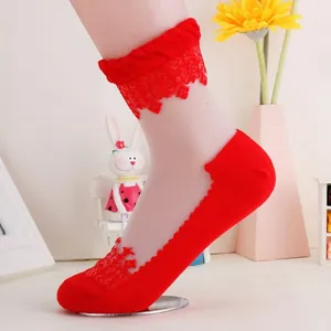 Red Lolita style crystal silk socks with delicate lace trim and breathable design