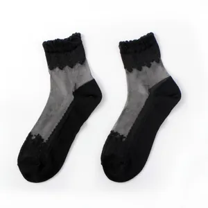 Elegant black lace trim sheer mesh socks in a vintage baroque lolita style for women