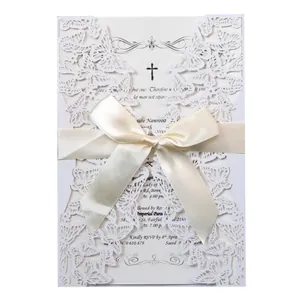 Elegant Invitation Cards Pearlescent Paper Laser Cut Butterfly Design Ribbon Bow Inner Sheets Envelopes Wedding Events