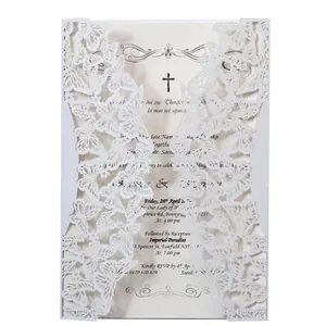 Elegant laser-cut white butterfly wedding invitation card with intricate details