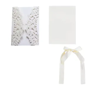 Elegant laser-cut butterfly wedding invitation with white ribbon and inner card