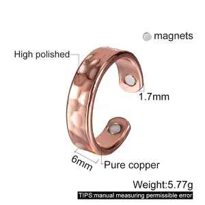 Pure copper hammered magnetic ring with 6mm width and adjustable open band design