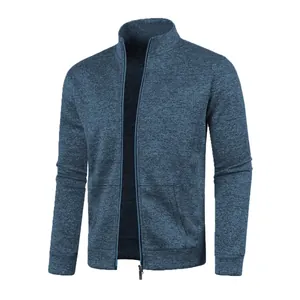 Classic men's blue heathered knit zip-up cardigan sweater with a stylish stand collar