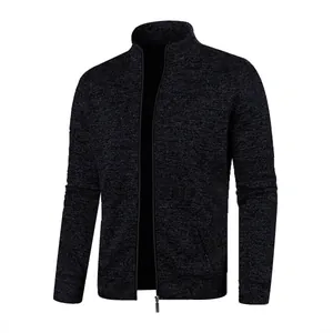 Men's dark grey fleece-lined zip-up knitted jacket for autumn and winter season.