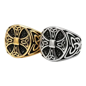 Anello Croce Vichinga Retro per Uomo Acciaio al Titanio Nodo Celtico Finitura Antica Anello a Fascia Lucidato Uomo Gioielli Gothic Punk