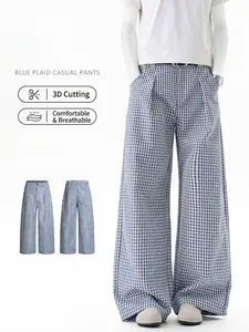 Pantalon Décontracté Homme Jambe Large Carreaux Mélange Coton Bleu Blanc Gingham Streetwear Coupe Ample Pantalon Droit