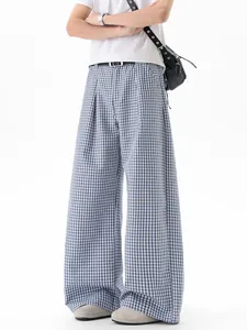 Pantalon décontracté classique à carreaux bleus pour hommes, coupe large Cleanfit