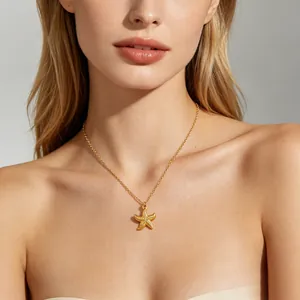 Elegant gold starfish pendant necklace on female model for beach theme jewelry fashion