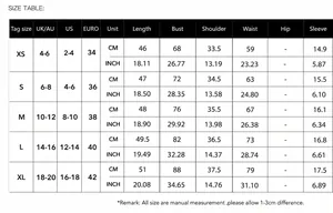 Detailed size chart for women's Y2K ribbed knit short sleeve T-shirt