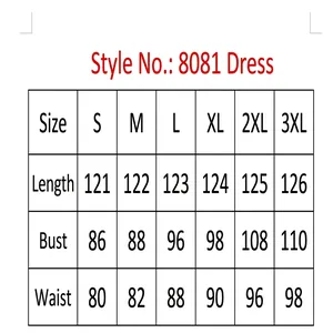 Größentabelle für Damen Maxikleid mit Verlaufsdruck, Maße für Länge, Brust und Taille